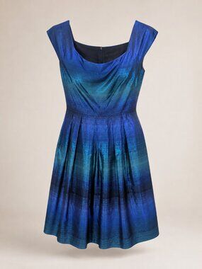 J. Taylor Blue Metallic Fit & Flare Cocktail Dress Size 12 Pleated Shimmer Party